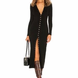 LPA Black Long Sleeve Button-Front Wool Dress